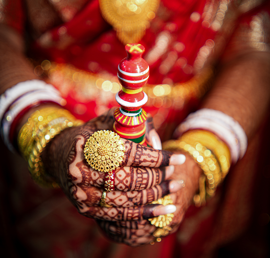 Hands exchanging offerings at Indian wedding - Example of wedding photography service